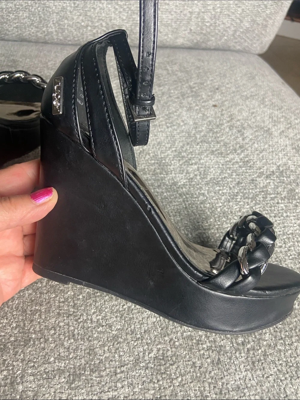 Sugar Women’s Black Wedge Sandals with Chain Accent size 6 M